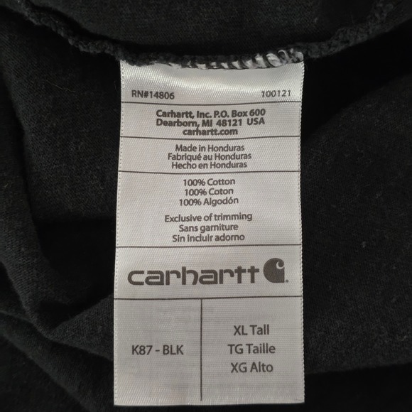 Carhartt K87 Pocket T-Shirt Original Fit Black XL Tall Cotton Short Sleeve Tee - Picture 6 of 6